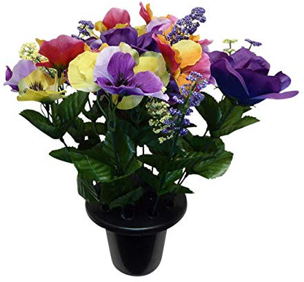 UK-Gardens Artificial Plants - Purple, Pink and Yellow Pansy Rose Grave Side Flowers in Memorial Pot