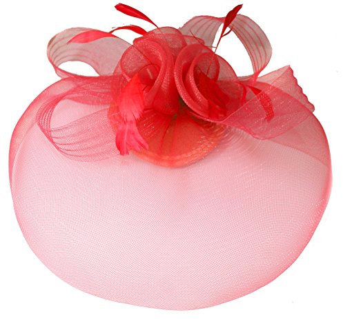 Fucsia rosa caldo piuma fiore fascinator cappello velo rete fascia clip Ascot Derby gare matrimonio, Rosso, Taglia unica