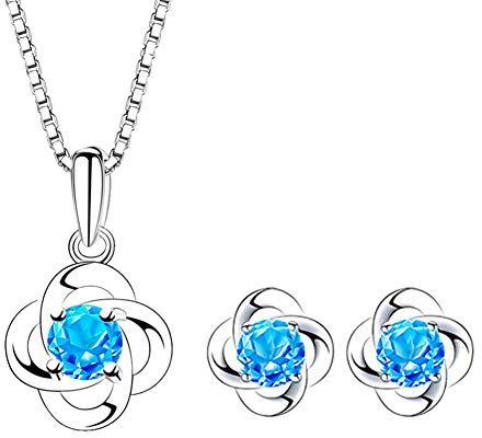 Kamise Schmuckset Damen Silber 925, Halskette Damen & Ohrstecker, Klee Anhänger Silberkette mit 45cm Silber Kette & Ohrringestecker mit Blau Zirkonia, Schmuck Set mit Geschenkbox für Mutter Frauen