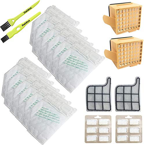 Italdos Kit Sacchetto Aspirapolvere Tela, Compatibile per Vorwerk Folletto VK135 VK136-12 Sacchi + 2 Filtri Griglia Motore + 2 Filtri HEPA + 12 Profumi + 2 Spazzolini