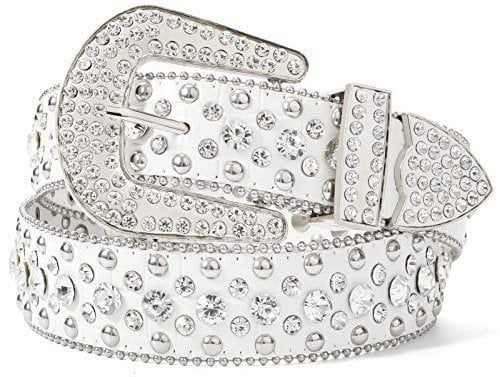 LEACOOLKEY Damenmode Strass Gürtel, Western Cowgirl Nieten Punk PU Ledergürtel für Jeans (L:Passgröße 99cm-109cm = 125cm Gesamtlänge, B-Weiß)