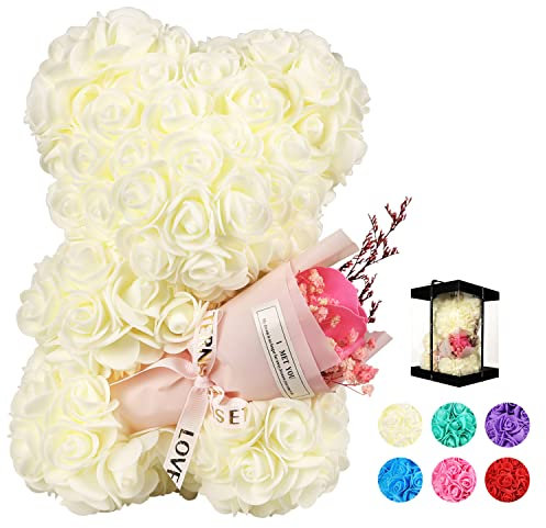 POHOMEGK Regali di San Valentino per Lei,Regali per Donne Orso on Rose,Compleanno Orso Fiore Rosa per Fidanzata,Regali di San Valentino per Donna,Regali d'Amore romantici Carini (Bianco)