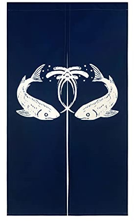 LIGICKY Noren Rideau de Porte Style Japonais Deux Poissons Imprimé Coton Lin Tapisserie pour Décoration de Maison 85x150cm Bleu Marine