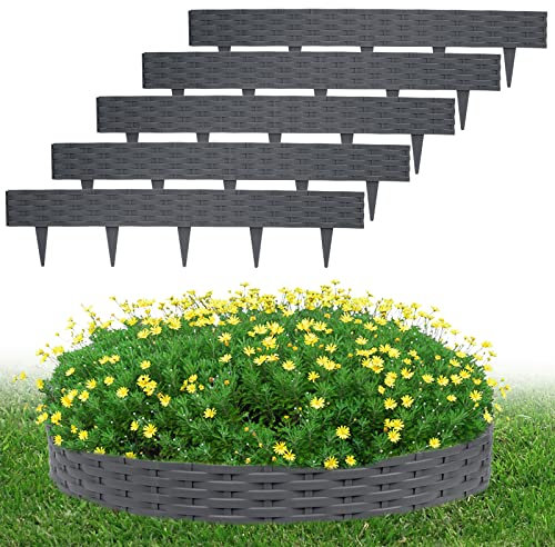 LZQ Rasenkante Beeteinfassung Rund Kunststoff, Beeteinfassung Beetumrandungen 30m Rattan-Design Palisaden mit 30 Elemente á 100 cm, Anthrazit