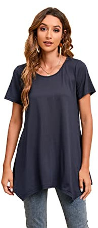 Enmain Navy Blue Tunic Tops for Women UK Summer Short Sleeve Round Neck Womens Swing T Shirt Plus Size Ladies Tunics for Leggings Hanky Hem Casual Loose Blouse T-Shirts XL