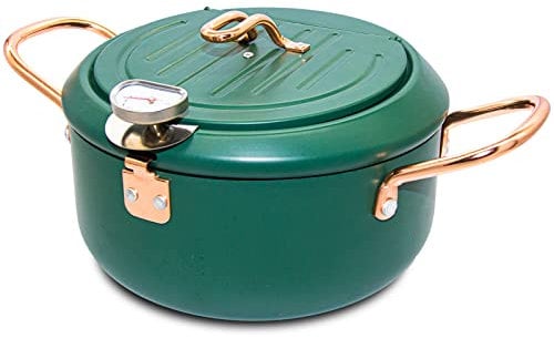 Cyrder Japanese Tempura Deep Fryer Pot with Fahrenheit Thermometer 3.5L- Nonstick Carbon Steel Oil Fryer, Fried Tempura/Chicken/Fish/Shrimp, Easy Clean, Green Big Tempura Pan, 10.2inch