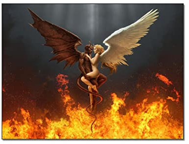 QITEX Bilderwand Badezimmer bilder 30x40cm (Kein Rahmen) Dämon und Engel Liebe Poster Abstrakte Gemälde Schwarz Weiße Feder Engel Flügel Leinwand Bild Wand Bilder Bild Bilderwerk