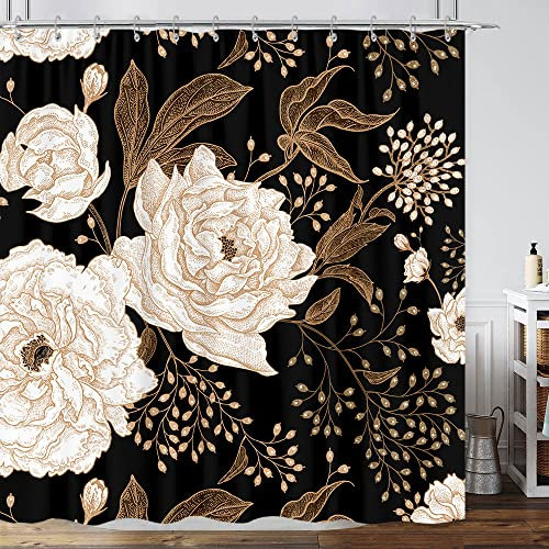 Rideau de douche noir et doré, rose foncé, feuilles botaniques, esthétique, bohème pour salle de bain avec crochet, ensemble de rideaux de douche vintage à fleurs or rose unique chic avec crochets 183