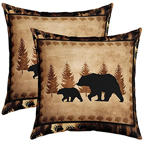 Bär Kissenbezüge 40x40cm 2er Set Kissenbezüge Weiche wilde Tier Kissenhülle für Couch Sofa Rustikale Kabine Land Natur Wildtiere Bär Baum Gelb Braun Sofakissen Couchkissen Outdoor Kissenbezug