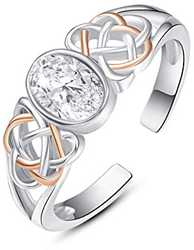 PRAYMOS Ring 925er-Sterlingsilber Geburtssteinring Türkisfarbener moosweißer Opalring für Damen Mädchen keltischer Knoten Offener Verstellbarer Daumenring (B04-Geburtsstein-April-Weißer Diamant)