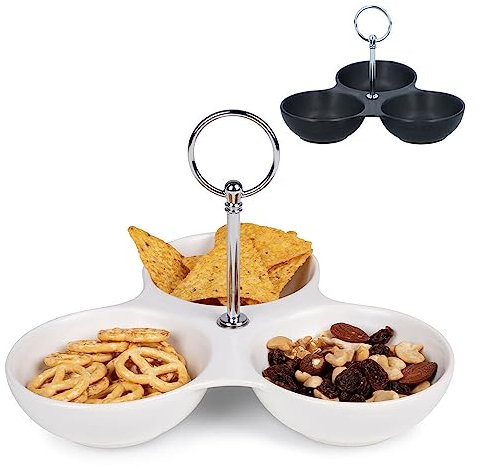 Murago - Snackschale mit Fächern & Griff - Weiß - Knabberschalen Deko Snack Teller Etagere Schale Servierteller Tapas Platte Dipschalen Keramik für Süßigkeiten Nüsse Candybar