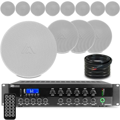 Amate Commercial Ceiling Speaker System with PDW500MP3 Mixer Amplifier - 6-Zone 100V Line PA System, 12x CS7 6.5 Speakers, Bluetooth & MP3 Playback, Office & Restaurant Audio Solution