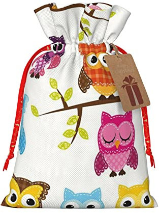 LAMAME Eulen auf Baumzweigen bedruckte Weihnachts-Geschenktüte, Süßigkeitentüte, festliche Party-Geschenktüte