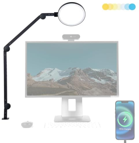 Lume Cube Edge 2.0 LED Desk Lamp | Dimmable Home Office Desk Light with USB Charging Port & Strong Swing Arm | Adjustable Color Temperature and Brightness | Circle Webcam Light - Black