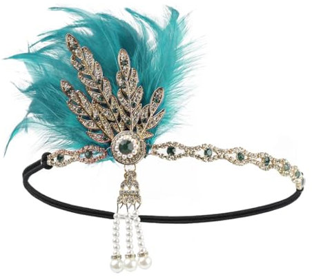 Damen 1920er Flapper Stirnband Feder Kopfschmuck Brüllende 20er Jahre Blatt Perle Stirnband Haarschmuck Türkis En8 Einheitsgröße