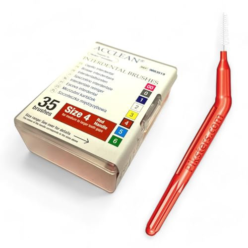 DE Healthcare Products – Piksters (35 Stück), wiederverwendbare Interdentalbürsten, 10 mm lang, Draht-Ø 0,52 mm, Größe 4, konisch, rot