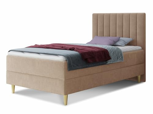 Boxspringbett Gold Mini mit Bettkasten, Bonell-Matratze und Topper - Einzelbett mit Matratzentopper, Polsterbett, Bett, Schlafzimmer, Jugendzimmer, Velours Stoff (Beige (Manila 02), 80 x 200 cm)