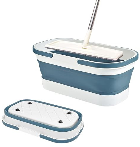 pangshi Collapsible Plastic Mop Bucket - 12L(3.17 Gallon) Window Washing Bucket with Wheels Foldable Mop Buckets Water Pail for House Car Cleaning Camping (Blue)
