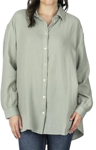 DENIMFY Musseline Bluse Damen Oversized DFMathilda Hemdbluse Sommer Langarm Knopfleiste Einfarbig 100% Baumwolle Grün S-M, Größe:S/M, Farben:Jadeite Green