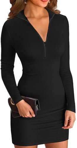 ELFIN Damen Bodycon Kleid Gerippt Langarm Minikleid Reissverschluss Stehkragen Kurz Sport Kleider Herbst Freizeitkleider (XL, Schwarz)