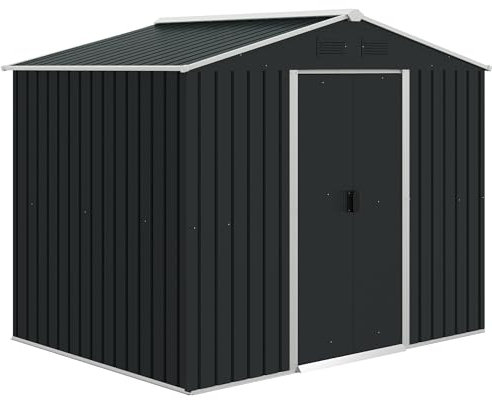 Outsunny 7.7 x 5.7ft Metal Garden Shed with Ventilation Slots and Sliding Doors, Galvanised Outdoor Tool Storage House, Grey