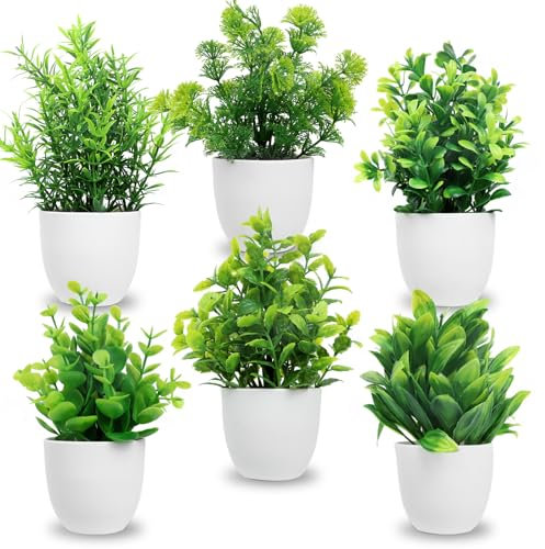 JOLIGAEA 6 Piezas Plantas Artificiales, Pequeñas Plantas Artificiales en Maceta, Plantas Artificiales de Plástico, Plásticos Mini Plantas Falsas para Mesa Estante Baño Oficina Casa Decoración - Blanco
