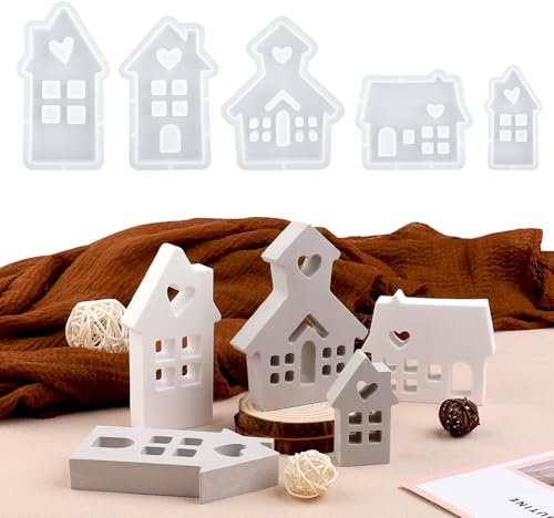 Wikimo 5 Stück Silikonformen Gießformen Häuser Kerzen, Silikonform Weihnachten zum Haus mit Fenster für Sojawachs Kerzen, Seife, Gips, Handwerk