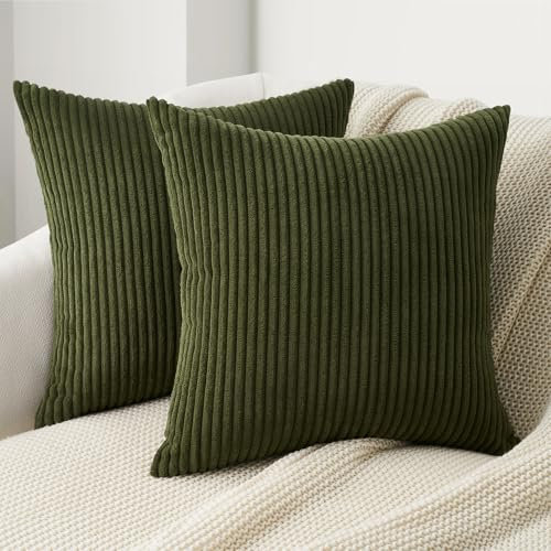 Topfinel Kissenbezug 60x60 Olivengrün Kordsamt 2er Set gestreiftes Muster Kissenbezüge Kissenhülle Dekokissen Sofakissen Couchkissen Dekokissen Zierkissenbezug Deko Kissenhüllen Wohnzimmer