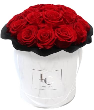 EG EMMIE GRAY Splendid Infinity Rosebox | Round | M | Marble Silver – Mind. 19 Infinity Rosen mit langjähriger Haltbarkeit, echte Rosen die bis zu 3 Jahre blühen, konservierte Rosen (Vibrant Red)