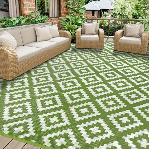 Homcomodar Outdoor Teppich für Patio Clearance 245x305cm UV-beständige Camping Matte Kunststoff Stroh Teppiche Patio Teppich Reversible Matten für BBQ Picknick Deck(Grün)