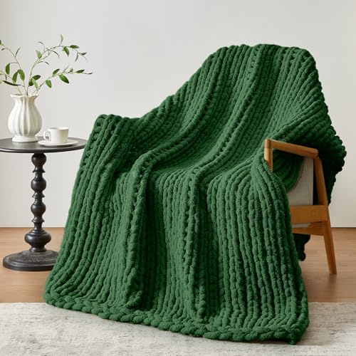 Chunky Knit Throw, 30''*40'' Knitted Chenille Blanket for Bed, Couch, Kids - Handmade Grass Green Crochet, Machine Washable, Comfy Home Decor