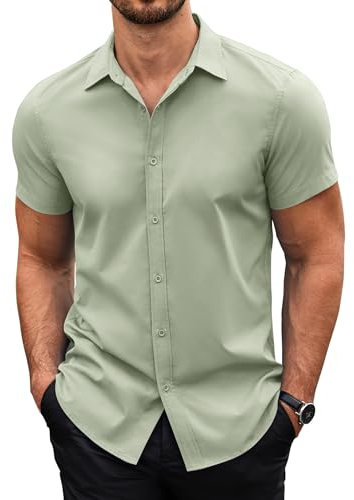 COOFANDY Mens Shirts Short Sleeved Shirts Summer Dress Shirts Regular Fit Button Up Office Shirts Muscle Fit Shirts for Men Business Casual Shirts Wedding Light Green L
