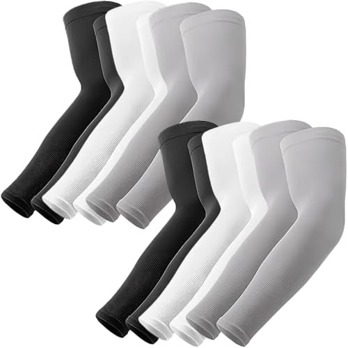 Supmovo - Puños de brazo para hombre y mujer, protección contra rayos UV, cubierta de tatuaje, sensación de frescura, mangas deportivas de compresión, 2 negro + 2 gris + 2 blanco, L
