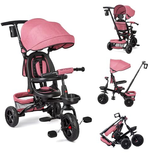Baby Dreirad 6 In 1 Kinderdreirad Mit Schubstange, Kinderdreirad für 9 Monate Bis 5 Jahre Mit Umkehrbarem Sitz, Ausklappbarem Verdeck Mit Sonnenschutz, Kinderwagen Faltbar, Babyfahrrad (Rosa)