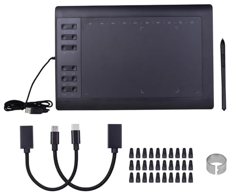Digitales Grafik -Tablet, 10 X 6 Zoll Professionelles Zeichentablet mit 8192 Druckstufen, 12 Expressschlüssel, 5080LPI -Auflösung, für PC, Laptop, Tablet, Smartphone -Verbindung