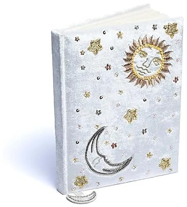 LivuX Notizbuch Sonne & Mond – Weißer Samteinband – 20×15 cm – 160 linierte Seiten – Stickerei mit Zierperlen – Spirituelles Tagebuch für Magie, Achtsamkeit & Zyklusarbeit 1301