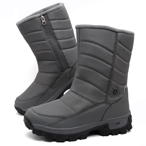 Topwolve Stivali da Neve Uomo Impermeabili Stivaletti Invernali Fodera Pelliccia Calda con Cerniera All'aperto Antiscivolo Doposci,Grigio,43 EU