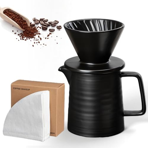 Pour Over Kaffeebereiter, 450ml Kaffeekanne Mit Filter, Kaffeefilter Porzellan Mit Tasse mit 100-teiligem Kaffeefiltern, Kaffeemaschinen-Set, Geschenk Für Papa Mama, Ideal Für Zuhause Und Unterwegs