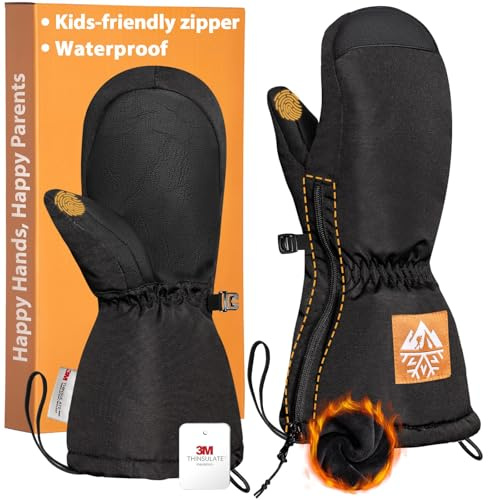 RIGWARL Waterproof Kids Snow Ski Mittens with Long Zipper Cuff, Warm Kid Ski Snow Gloves for Boys Girls with 3M Insulated, Anti-Slip Kid Winter Mittens for Skiing Skating Sledding Snowball Fight