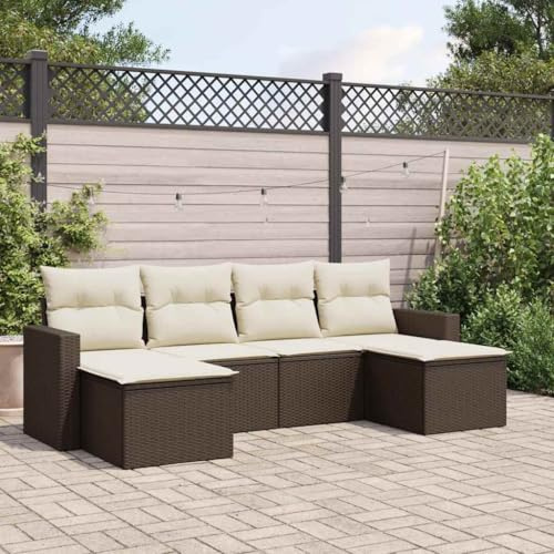 QJBSAVVA 6TLG Lounge-Set Braun Rattan Creme-Kissen Eck-/Mittelsofa Hocker 65,5×62×69 Balkon Terrasse