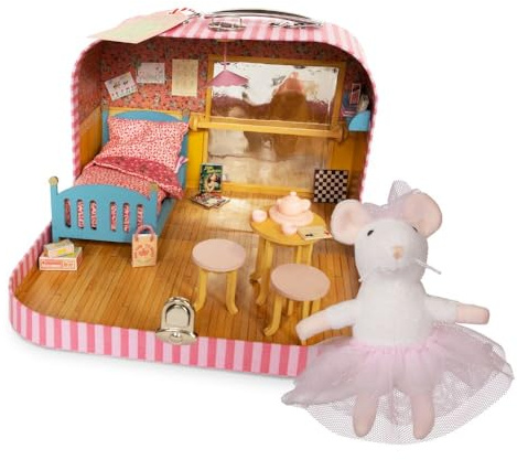 Ella's Ballet Room to Go + Ella Plüsch 11 cm – Einfaches DIY-Puppenhaus im Koffer | Holzmöbel, Ballettstange & Dekorationsbögen | Maßstab 1:12 | Sam & Julias Maus Mansion