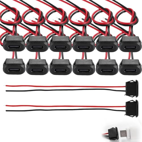 TASSFROO 12 Unidades Tipo C Hembra de 2 Pines, 3A, 2 Pines, USB-C Hembra con Hebilla de Ranura a Presión, Cable de Extensión Tipo C a 2P, Cable de Terminal Impermeable, Cable Plano Negro de 2 Pines