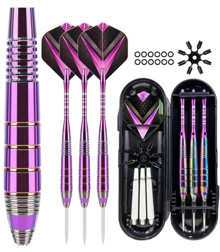 Lonwiner Tungsten Darts Set, Dartpfeile Metallspitze, 24g, 165mm, mit Aluminium Shafts, PET Flights, Stahlspitze, Extra Schafts und Gummiringe, Lila