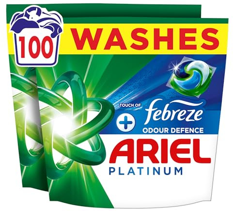 Ariel Platinum PODS®, Washing Liquid Laundry Detergent Capsules 100 Washes, +Touch of Febreze Odour Defence, Remove Even 7-Day Sweat Odours