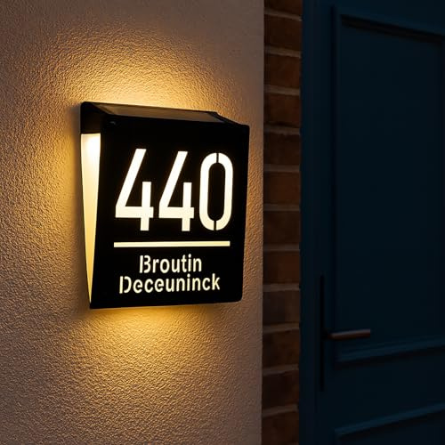 Solar Light House Number Plaque - Outdoor Wall/Door Mounted House Number Address Sign For Wall and Yard (Square)