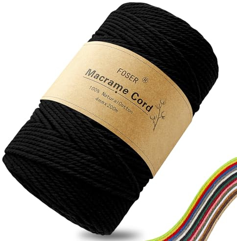 FOSER Premium Makramee Garn 4mm × 200m, Natürliches Makramee Schnur Makramee Kordel für Handwerk, wanddeko (Schwarz)
