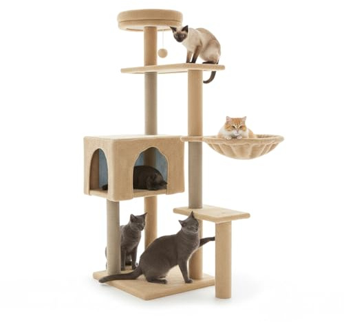 Avilia - Tiragraffi per Gatti 120 Cm Multilivello con Cuccia Chiusa e Amaca Laterale, Struttura con Colonne in Sisal e Giochi Pendente, Ideale per Uso Quotidiano in Casa (Beige)