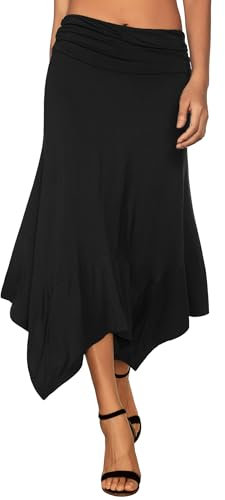 DJT Damen Elastisch Plissierte Taille Elegant Rock A-Linie Faltenrock Midi Rock mit Taschentuch Saum Schwarz L