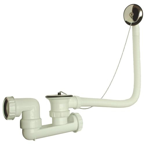 SOMATHERM FOR YOU, Vidage de baignoire plastique Ø40 (11/2) avec bouchon noir et chaînette 500mm, sortie mâle 40/49, flexible de trop plein découpable, débit 37 l/mn