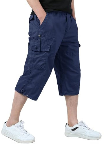 KEFITEVD Men's Casual Cargo Shorts Elastic Waist Work Shorts Summer 3/4 Length Capri Shorts,Navy Blue,40